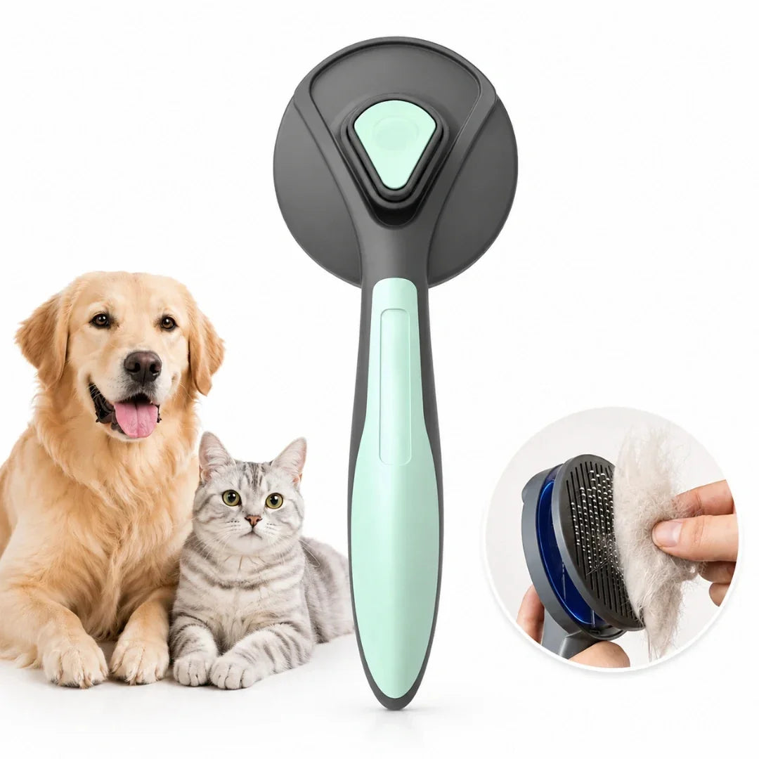 Petifo mint green self-cleaning pet brush featured alongside a golden retriever, a grey tabby cat, and an inset demonstrating the one-press hair release feature.
