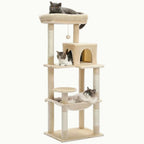 Three cats relaxing on a multi-level beige cat tree, featuring a top perch, a central hideaway house, and a bottom hanging hammock.