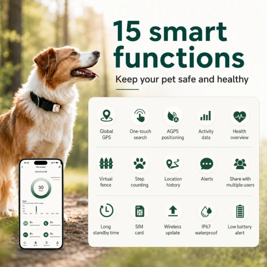 Multi function GPS pet tracker with health tracking alerts and global positioning Petifo