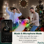 Couple and a dog with a glowing multicolor LED collar dancing in a festive living room with a smartphone app interface showing music sync mode.