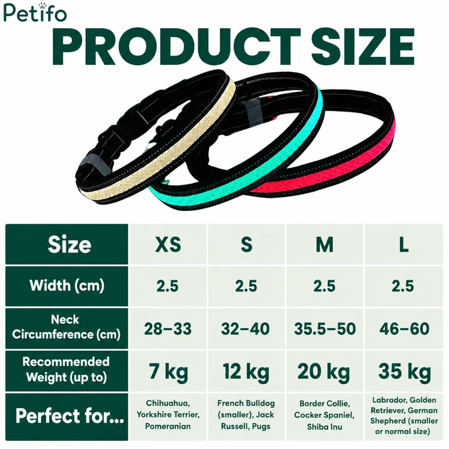 Tabla de tallas del producto que muestra los rangos de circunferencia del cuello y los límites de peso recomendados de XS a L para el collar LED para perros.