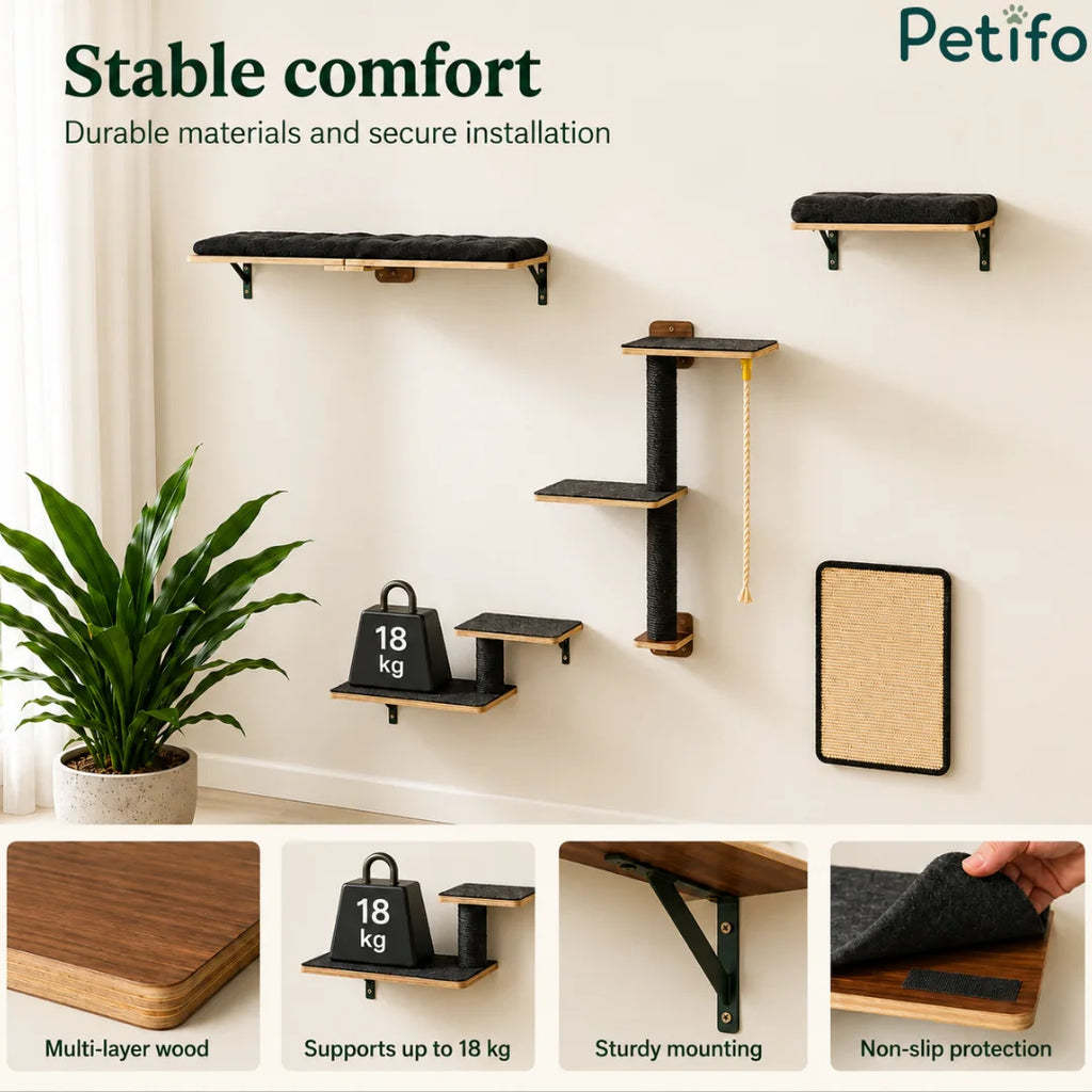 Close-up details of Petifo wall-mounted cat shelves showing high-quality wood, sturdy mounting, and non-slip protection.