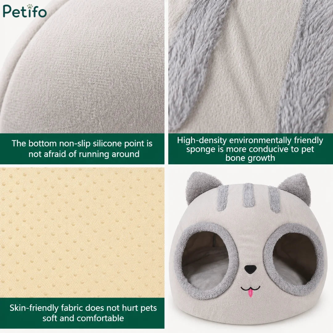Detailed feature breakdown of the Petifo cat nest showing non-slip silicone bottom points, high-density sponge, skin-friendly fabric, and the overall nest structure.