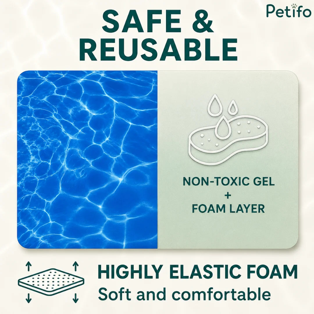 Petifo cooling mat feature graphic highlighting its non-toxic gel, foam layer, and highly elastic comfortable design.