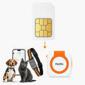 SIM card pointing toward a Petifo tracking device alongside a smartphone app screen, a cat, a dog, and an orange-accented collar.