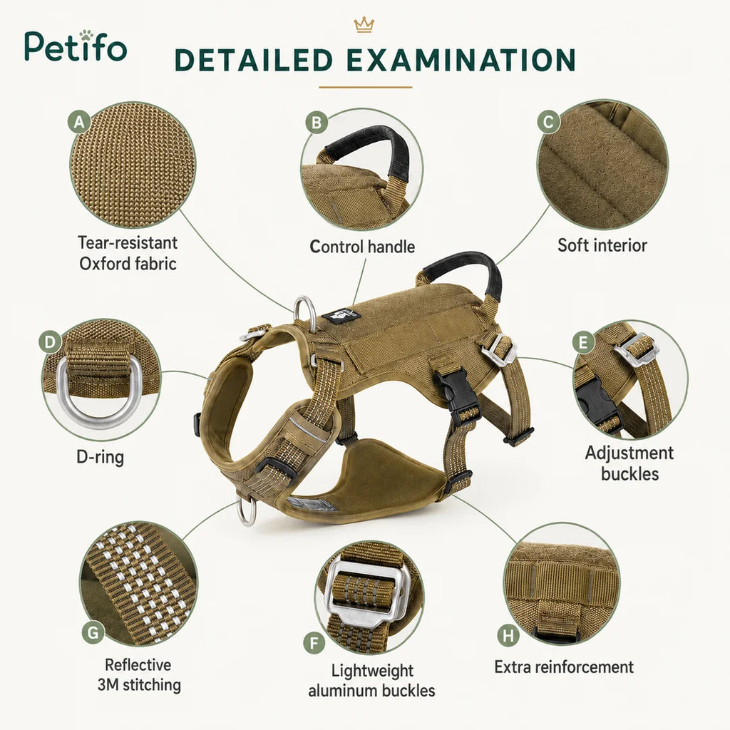 This dog harness features well-thought-out details including durable Oxford fabric, a control handle and a soft interior.