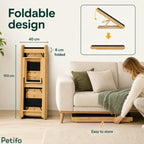 Foldable wooden pet stairs shown standing upright and easily sliding under a couch for convenient space-saving storage.