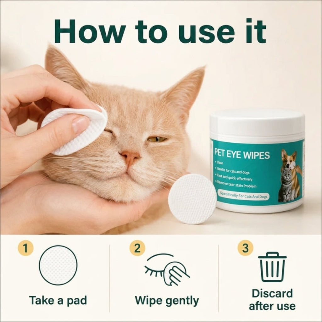 A three-step infographic showing how to use pet eye wipes: take a pad, wipe the eye area gently, and discard the pad after use.