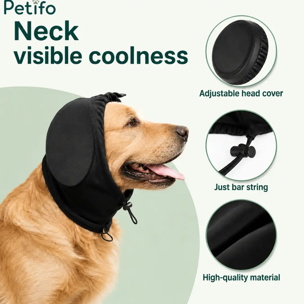 Petifo black anti-anxiety ear muff worn by a dog to help keep them calm and reduce loud noises from fireworks.