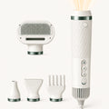 Petifo portable pet blow dryer main unit displayed alongside its four interchangeable styling and grooming attachments.