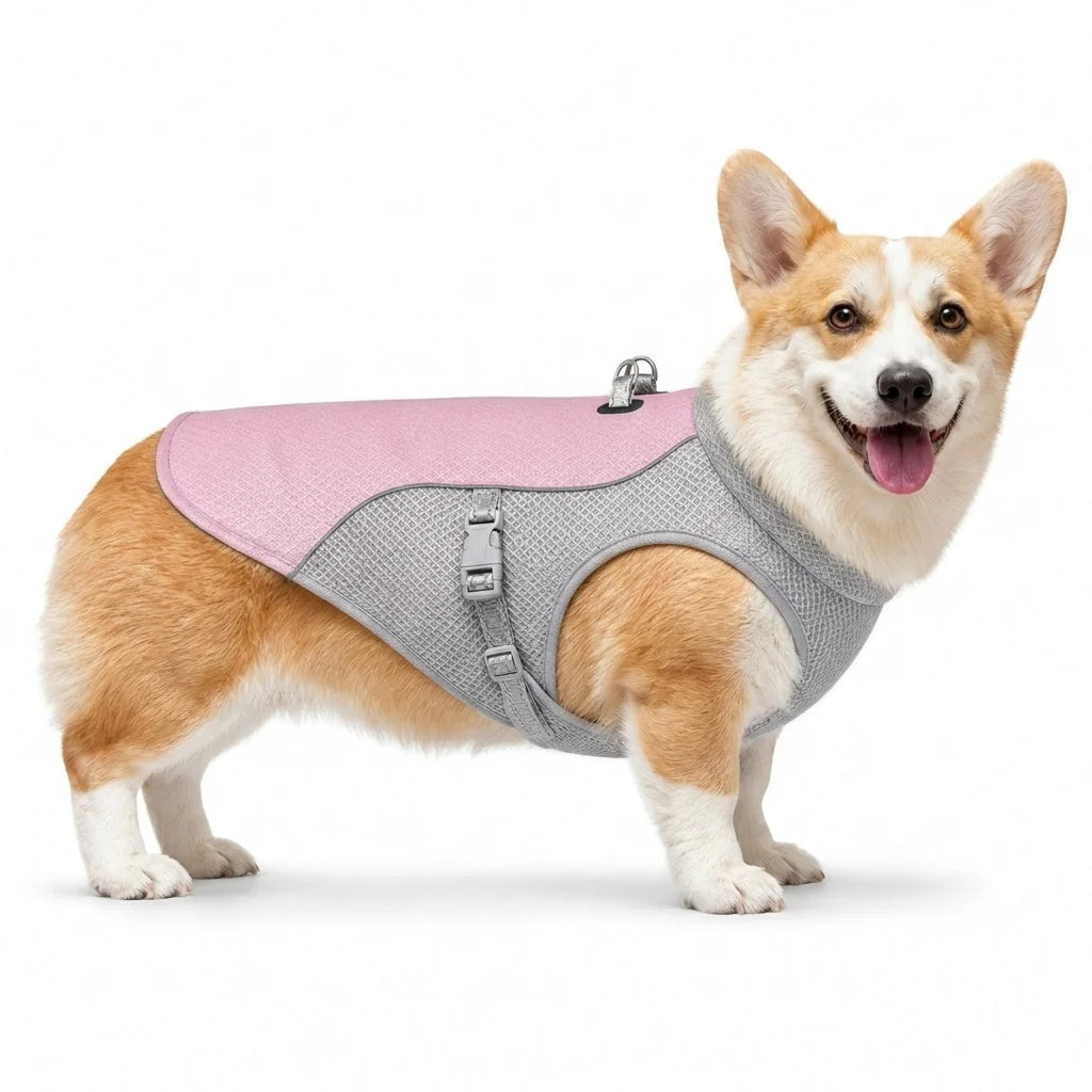 Corgi wearing a pink cooling vest in size small.
