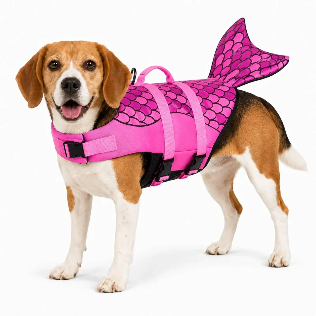 Beagle wearing the pink mermaid scale Petifo dog life jacket during a studio product shoot.