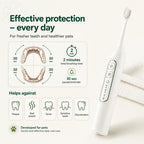 Infographic demonstrating the 2-minute timer and plaque-fighting benefits of an electric toothbrush for dogs and cats.