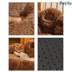 Four-panel close-up view showing the plush fabric, paw detail, dog relaxing, and anti-slip bottom.