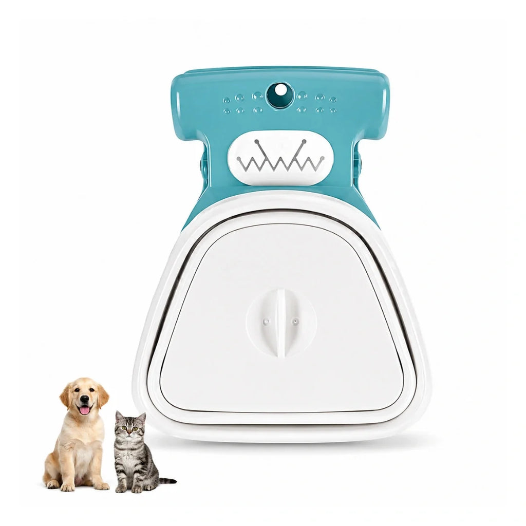 Teal and white foldable pet bathtub or waste container displayed next to a small dog and a cat.