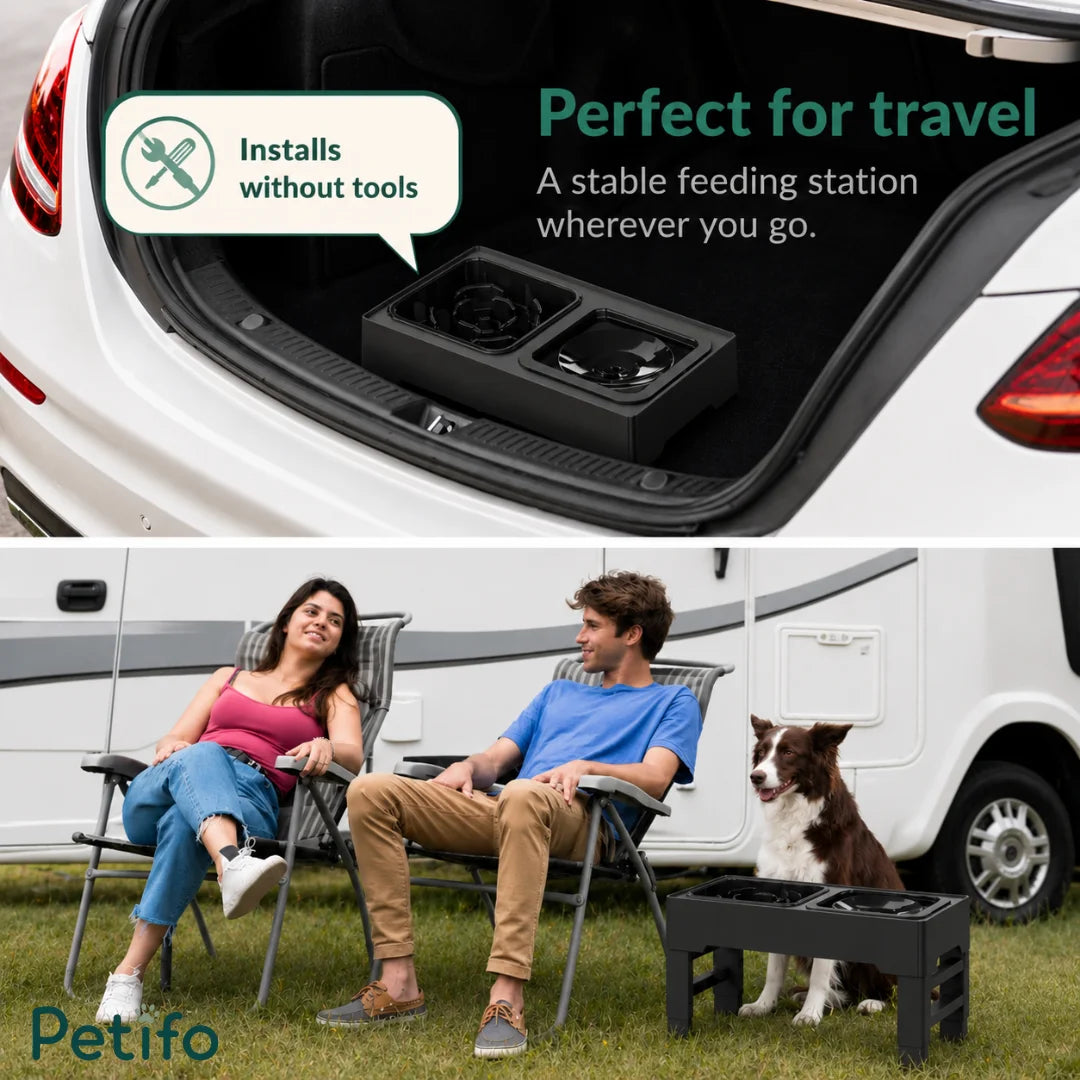 Portable elevated pet feeding station packed in a car trunk and set up at a campsite next to an RV.