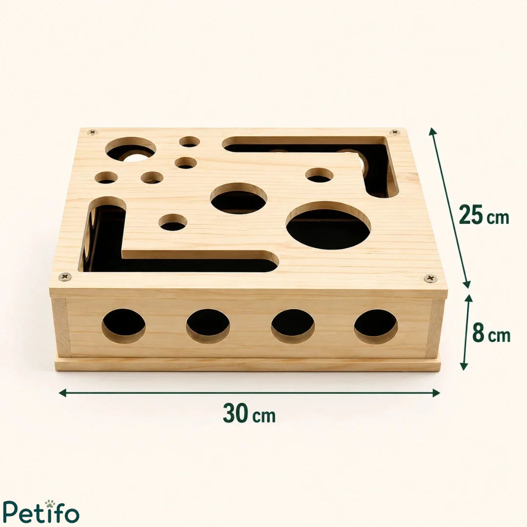 Product dimension infographic showing the 30 cm length, 25 cm width, and 8 cm height measurements of the wooden cat toy.