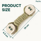 Product size infographic showing the Petifo dog chew toy measuring 25 cm in length and 6.5 cm in ball width.