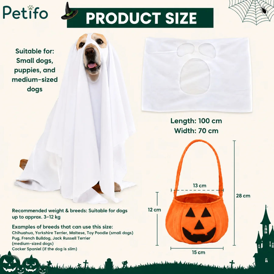 Diagrama de medidas del producto que muestra el largo, el ancho, los pesos recomendados de las mascotas y las dimensiones de la linda cesta de calabaza para el disfraz de fantasma para perros.