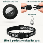 Detailed view of the waterproof tracker case, safe quick-release buckle, and included jingle bell for feline safety.