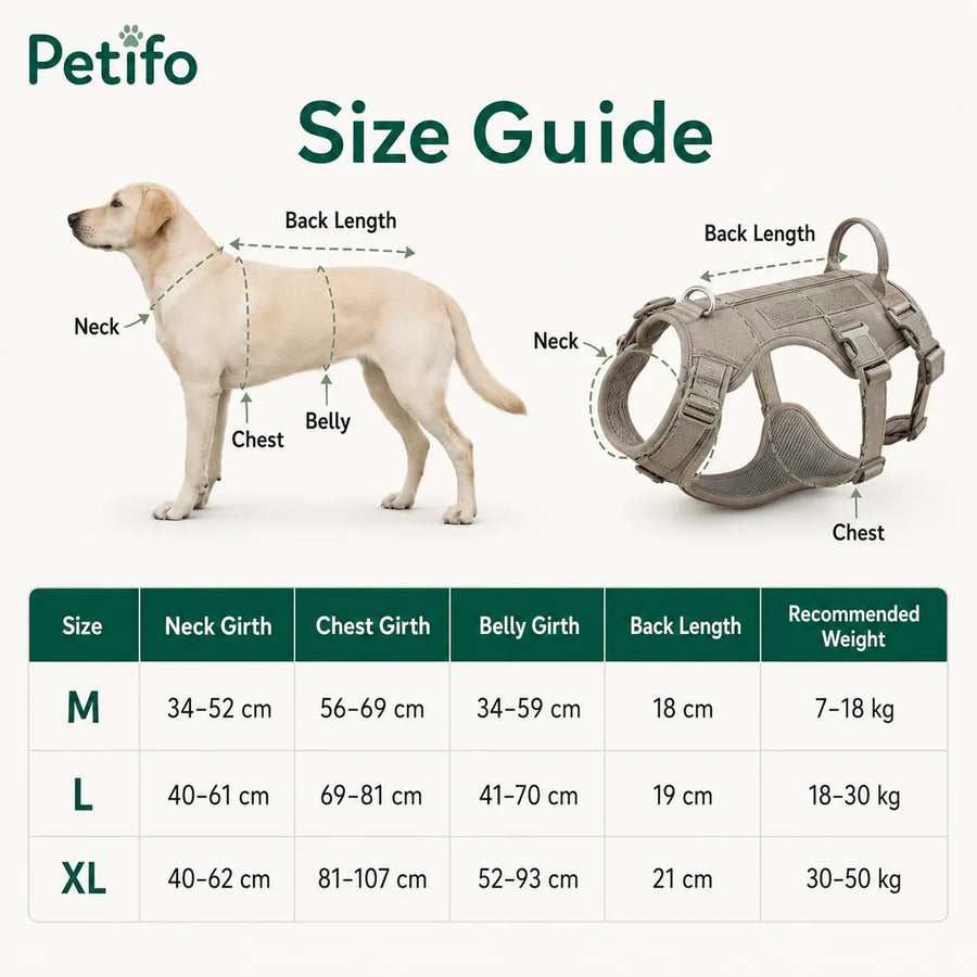 Esta guía de tallas para el arnés para perros ProSafe proporciona medidas del cuello, el pecho, el abdomen y el largo de la espalda, junto con los rangos de peso recomendados para las tallas M, L y XL.