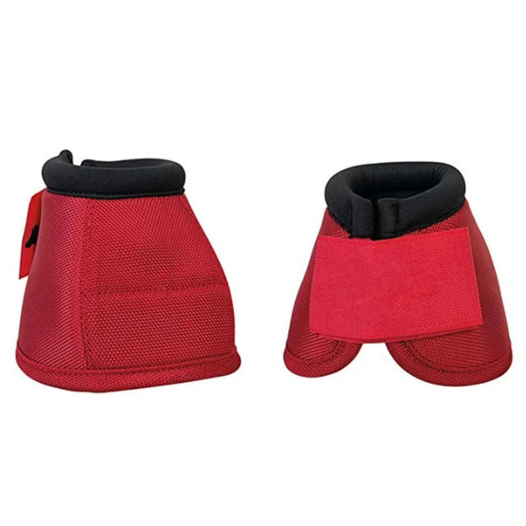 Pair of red neoprene bell boots for equestrian hoof protection