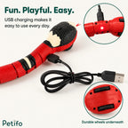Red and black electronic snake toy featuring USB charging and durable wheels underneath.