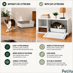 A side-by-side comparison showing how the Petifo hidden litter box enclosure prevents litter tracking, reduces odors, and creates a stylish, discreet look in the home compared to an open tray.