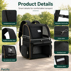Detailed specification graphic pointing out safety tethers, padded shoulder straps, reflective strips, and breathable back panels