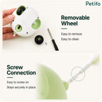 Petifo cat toy showing a removable wheel design with easy-to-clean components and a secure screw connection for the feather attachment