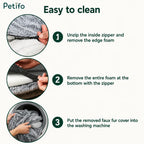 Step-by-step cleaning guide illustrating how to unzip and remove foam and covers from the dog bed.