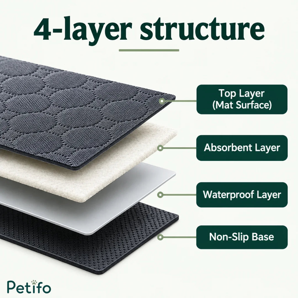 Infographic detailing the 4-layer structure of the reusable pet training mat with absorbent and waterproof layers.