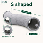S-shaped grey cat tunnel dimensions showing a length of 117 cm and opening size of 12.5x16.5 cm.