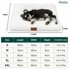 Size chart infographic detailing dimensions from S to XXL for the fluffy rectangle pet mat.