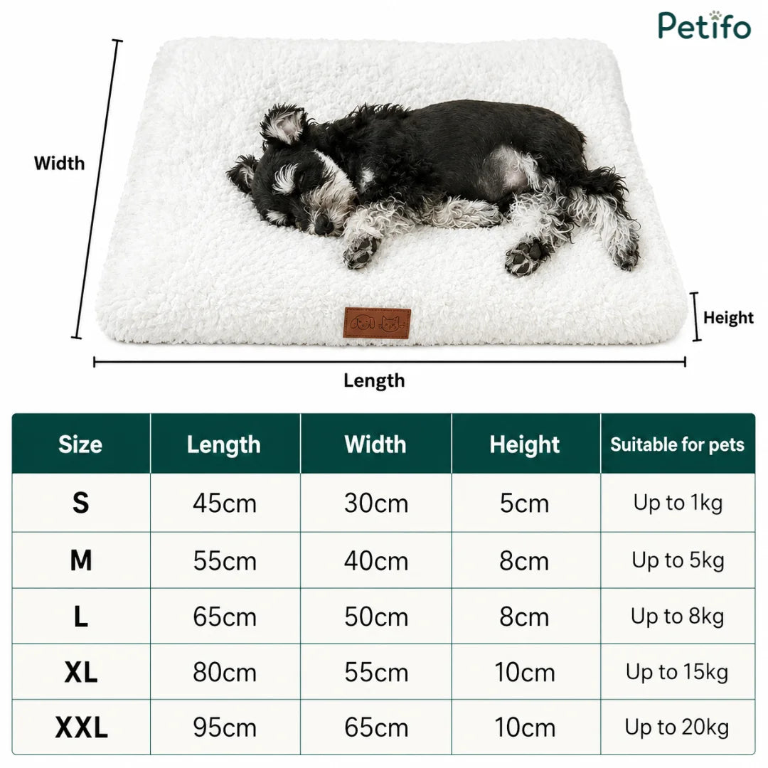 Size chart infographic detailing dimensions from S to XXL for the fluffy rectangle pet mat.