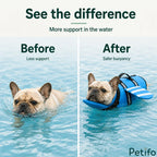 Side-by-side comparison showing a French Bulldog swimming with less support versus a safer buoyant dog life jacket.