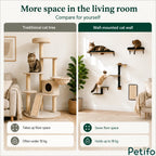 Comparison graphic highlighting how a wall-mounted Petifo cat climbing set saves more floor space than a traditional cat tree.