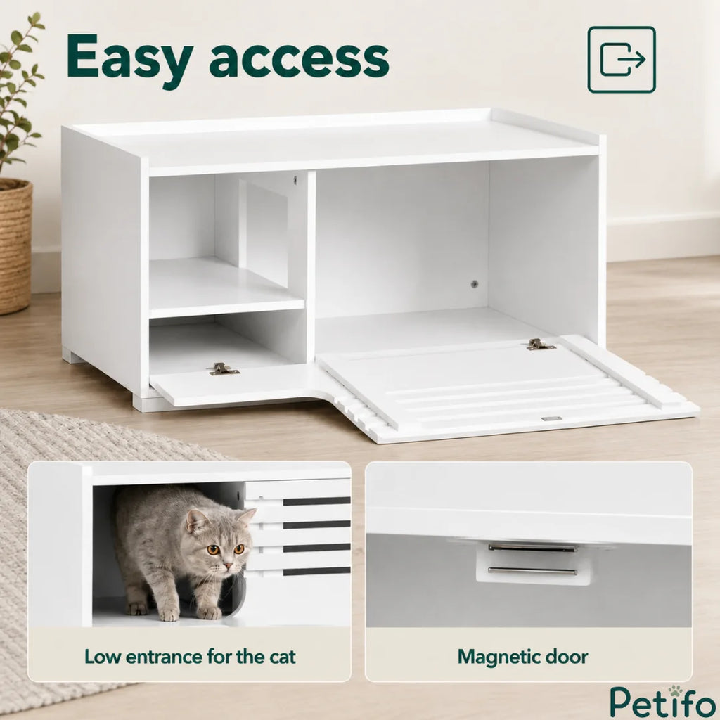 An infographic highlighting the easy-access features of the Petifo cabinet, including a low cat entrance for convenience and a secure magnetic door closure.