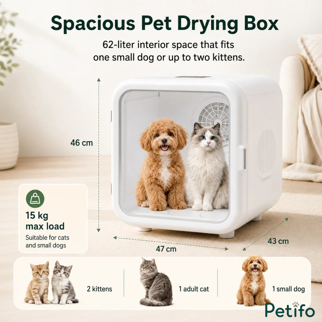 Side-by-side comparison of a cat before and after using an automatic pet dryer for smoother, shinier fur.
