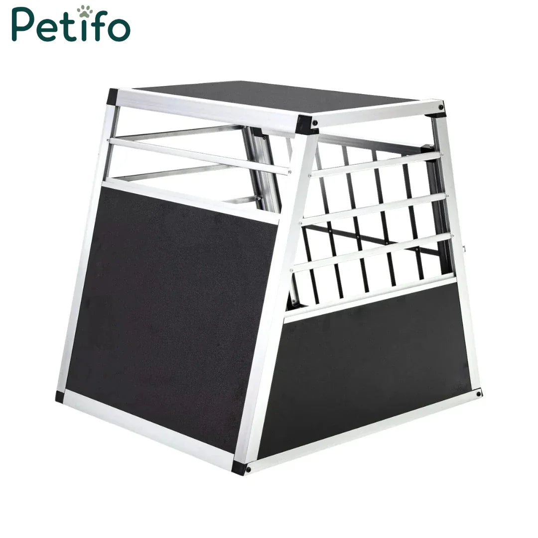 Side profile view of a sloped Petifo aluminum car dog crate showing its trapezoidal shape.