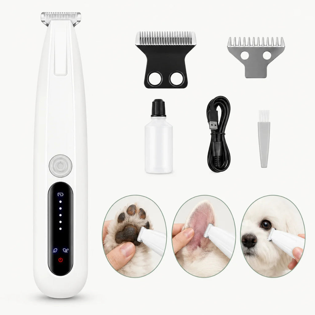 Professional pet grooming kit including a white trimmer, lubricating oil, USB-C charging cable, and a cleaning brush.