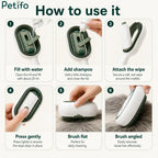 Six-step visual guide on how to fill water, add shampoo, attach wet wipe, and use the Petifo brush