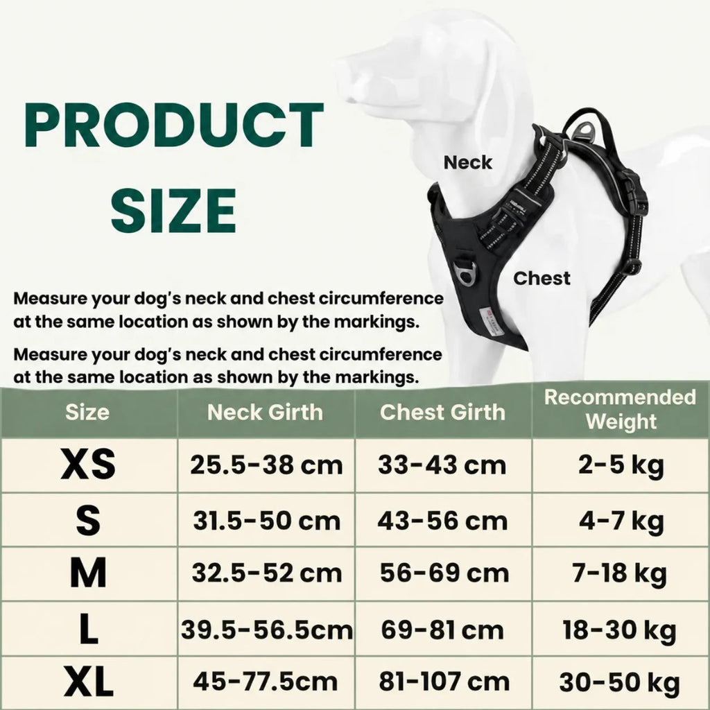 Dog harness size guide table showing measurements for sizes XS to XL.