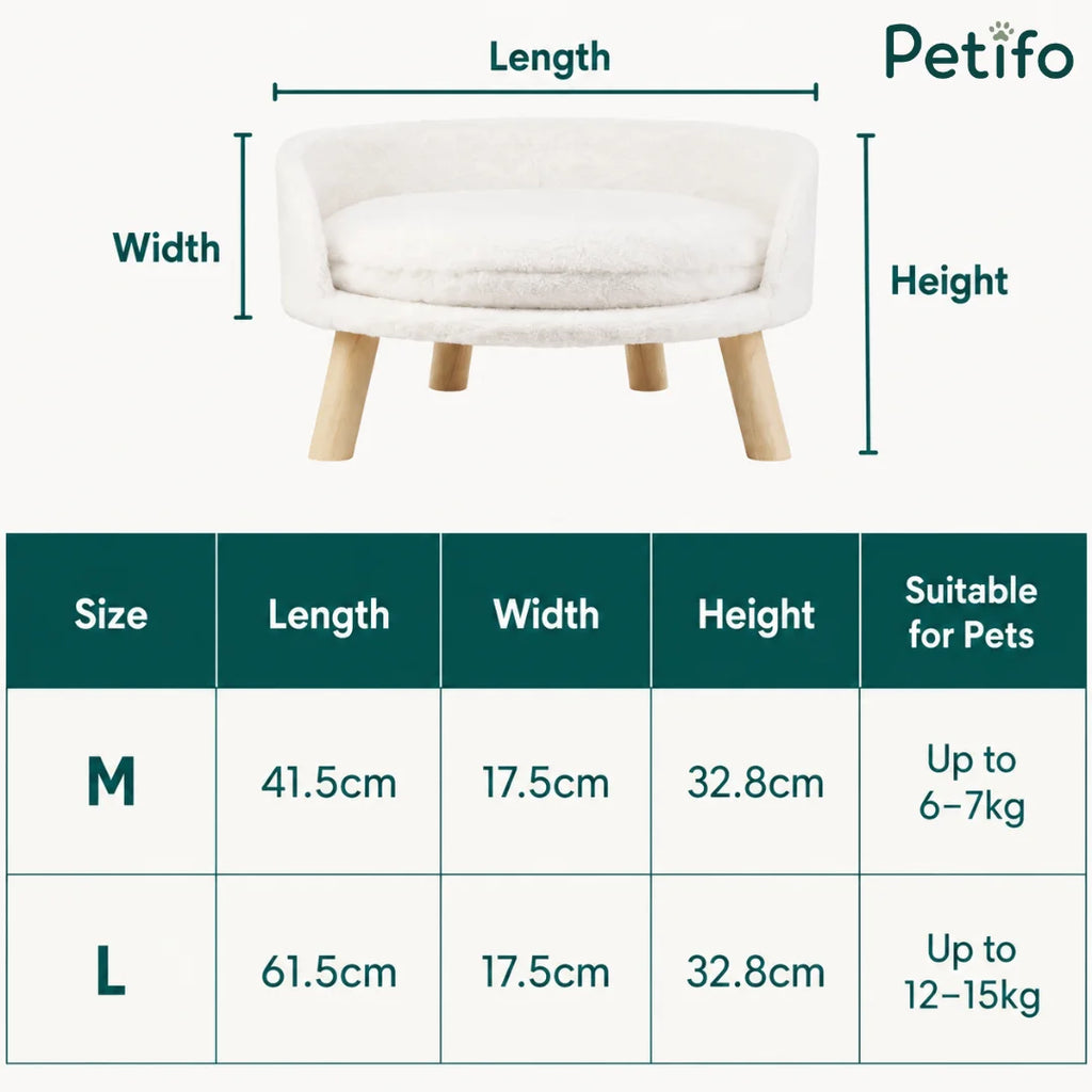 Size and dimensions guide for M and L round elevated pet beds, listing length, width, height, and suitable pet weight capacities.