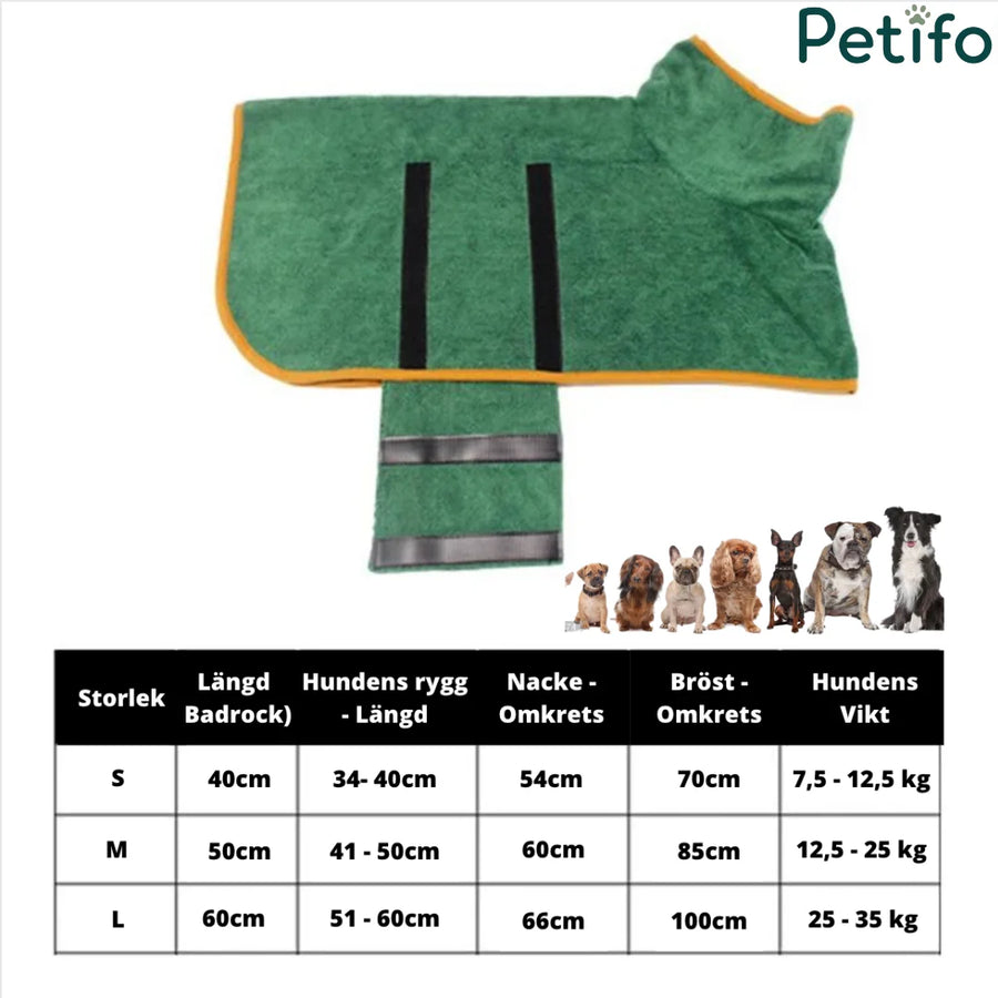 Tabla de tallas para la bata de secado para perros Petifo que muestra el largo de la espalda, el contorno del cuello, el tamaño del pecho y los límites de peso