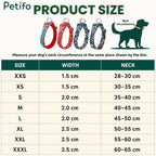 A size chart for Petifo dog collars detailing width and neck circumference measurements for sizes XXS to XXXL.