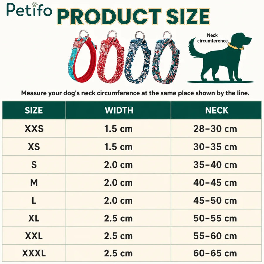 Una tabla de tallas para collares de perro Petifo que detalla las medidas del ancho y el contorno del cuello para las tallas XXS a XXXL.