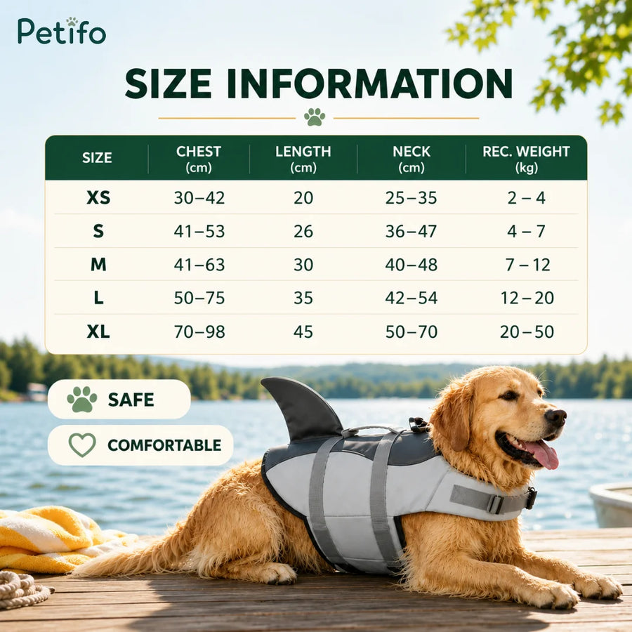 Infografía de la tabla de tallas de chalecos salvavidas para perros Petifo junto a un Golden Retriever descansando en un muelle.