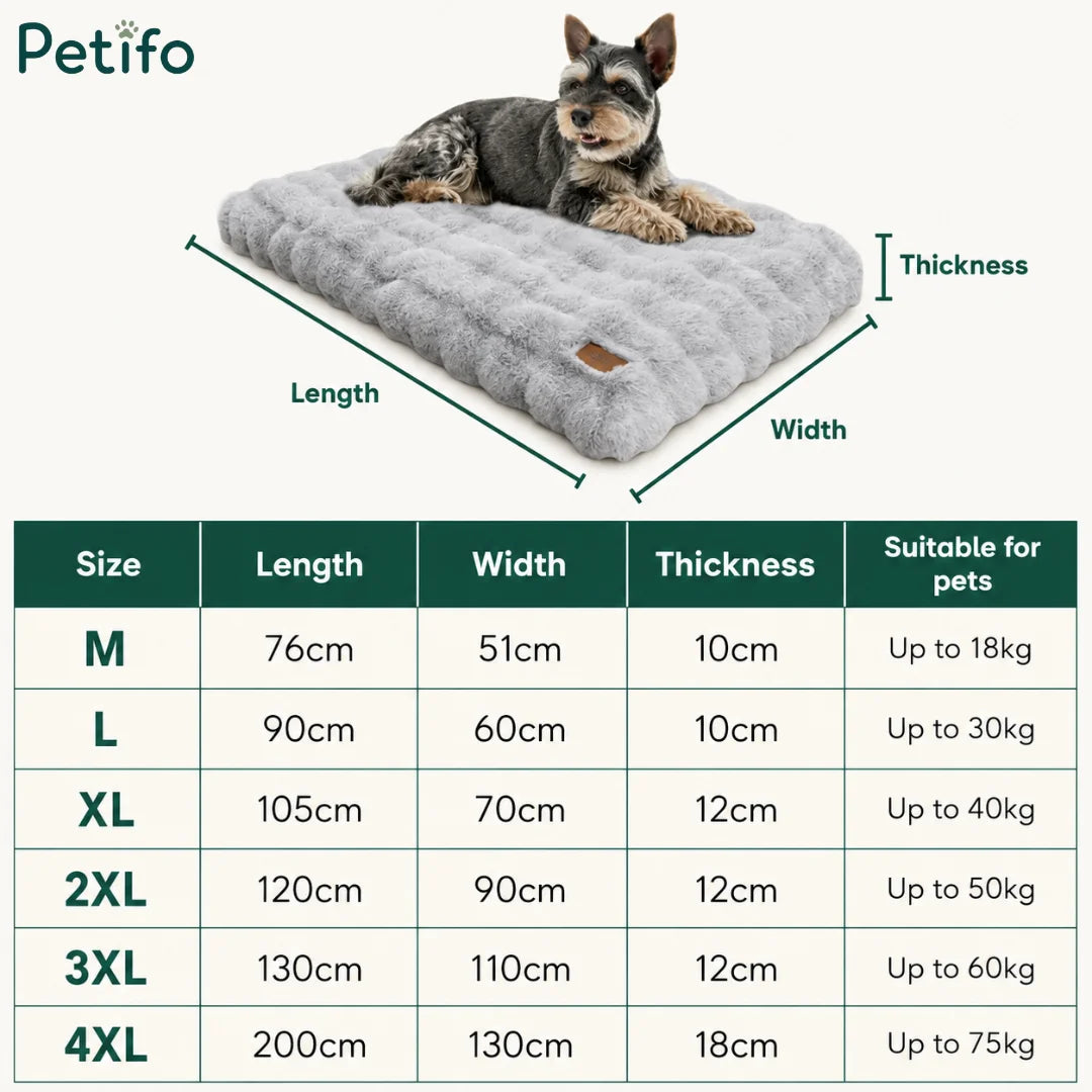 Size chart for Petifo luxury pet beds showing dimensions and weight capacities for medium to 4XL sizes.