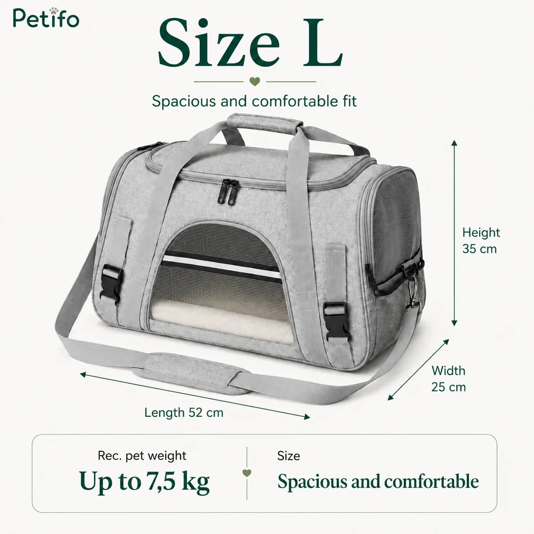 Size L Petifo pet carrier dimension diagram showing 52 cm length, 25 cm width, 35 cm height, and a recommended pet weight up to 7.5 kg.